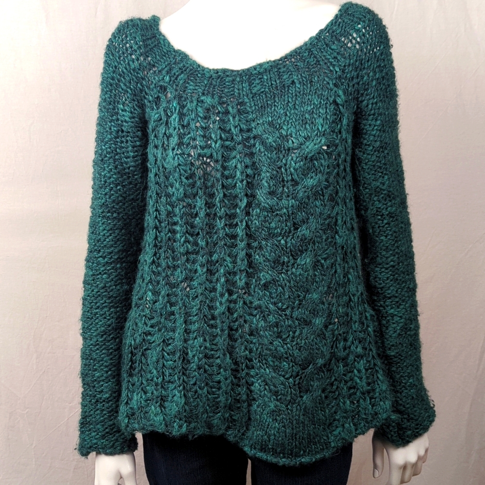 FREE PEOPLE LONG SLEEVE DARK GREEN CROTCHED SWEATER FREE FP BAG
